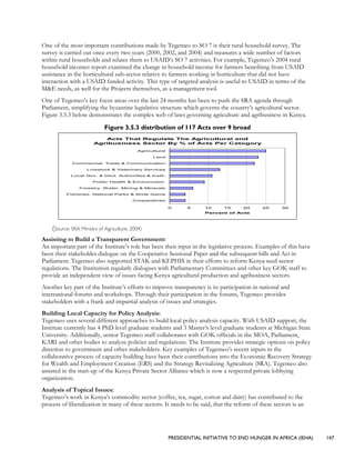 PRESIDENTIAL INITIATIVE TO END HUNGER IN AFRICA (IEHA) 147
One of the most important contributions made by Tegemeo to SO 7 is their rural household survey. The
survey is carried out once every two years (2000, 2002, and 2004) and measures a wide number of factors
within rural households and relates them to USAID’s SO 7 activities. For example, Tegemeo’s 2004 rural
household incomes report examined the change in household income for farmers benefiting from USAID
assistance in the horticultural sub-sector relative to farmers working in horticulture that did not have
interaction with a USAID funded activity. This type of targeted analysis is useful to USAID in terms of the
M&E needs, as well for the Projects themselves, as a management tool.
One of Tegemeo’s key focus areas over the last 24 months has been to push the SRA agenda through
Parliament, simplifying the byzantine legislative structure which governs the country’s agricultural sector.
Figure 3.5.3 below demonstrates the complex web of laws governing agriculture and agribusiness in Kenya.
Figure 3.5.3 distribution of 117 Acts over 9 broad
Acts That Regulate The Agricultural and
Agribusiness Sector By % of Acts Per Catogory
0 5 10 15 20 25 30
Cooperatives
Fisheries, National Parks & Wide Game
Forestry, Water, Mining & Minerals
Public Health & Environment
Local Gov. & Devl. Authorities & Instit.
Livestock & Veterinary Services
Commercial, Trade & Communication
Land
Agricultural
Percent of Acts
(Source: SRA Ministry of Agriculture, 2004)
Assisting to Build a Transparent Government:
An important part of the Institute’s role has been their input in the legislative process. Examples of this have
been their stakeholder dialogue on the Cooperative Sessional Paper and the subsequent bills and Act in
Parliament. Tegemeo also supported STAK and KEPHIS in their efforts to reform Kenya seed sector
regulations. The Institution regularly dialogues with Parliamentary Committees and other key GOK staff to
provide an independent view of issues facing Kenya agricultural production and agribusiness sectors.
Another key part of the Institute’s efforts to improve transparency is its participation in national and
international forums and workshops. Through their participation in the forums, Tegemeo provides
stakeholders with a frank and impartial analysis of issues and strategies.
Building Local Capacity for Policy Analysis:
Tegemeo uses several different approaches to build local policy analysis capacity. With USAID support, the
Institute currently has 4 PhD level graduate students and 3 Master’s level graduate students at Michigan State
University. Additionally, senior Tegemeo staff collaborates with GOK officials in the MOA, Parliament,
KARI and other bodies to analyze policies and regulations. The Institute provides strategic options on policy
direction to government and other stakeholders. Key examples of Tegemeo’s recent inputs in the
collaborative process of capacity building have been their contributions into the Economic Recovery Strategy
for Wealth and Employment Creation (ERS) and the Strategy Revitalizing Agriculture (SRA). Tegemeo also
assisted in the start-up of the Kenya Private Sector Alliance which is now a respected private lobbying
organization.
Analysis of Topical Issues:
Tegemeo’s work in Kenya’s commodity sector (coffee, tea, sugar, cotton and dairy) has contributed to the
process of liberalization in many of these sectors. It needs to be said, that the reform of these sectors is an
 