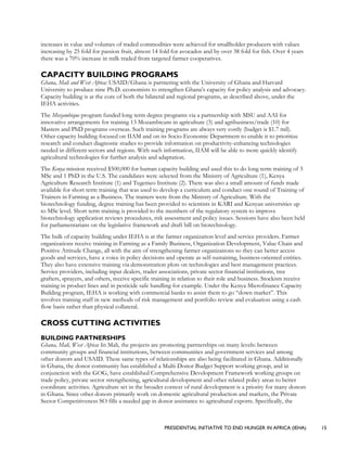 PRESIDENTIAL INITIATIVE TO END HUNGER IN AFRICA (IEHA) 15
increases in value and volumes of traded commodities were achieved for smallholder producers with values
increasing by 25 fold for passion fruit, almost 14 fold for avocados and by over 38 fold for fish. Over 4 years
there was a 70% increase in milk traded from targeted farmer cooperatives.
CAPACITY BUILDING PROGRAMS
Ghana, Mali and West Africa: USAID/Ghana is partnering with the University of Ghana and Harvard
University to produce nine Ph.D. economists to strengthen Ghana’s capacity for policy analysis and advocacy.
Capacity building is at the core of both the bilateral and regional programs, as described above, under the
IEHA activities.
The Mozambique program funded long term degree programs via a partnership with MSU and AAI for
innovative arrangements for training 13 Mozambicans in agriculture (3) and agribusiness/trade (10) for
Masters and PhD programs overseas. Such training programs are always very costly (budget is $1.7 mil).
Other capacity building focused on IIAM and on its Socio-Economic Department to enable it to prioritize
research and conduct diagnostic studies to provide information on productivity-enhancing technologies
needed in different sectors and regions. With such information, IIAM will be able to more quickly identify
agricultural technologies for further analysis and adaptation.
The Kenya mission received $500,000 for human capacity building and used this to do long term training of 3
MSc and 1 PhD in the U.S. The candidates were selected from the Ministry of Agriculture (1), Kenya
Agriculture Research Institute (1) and Tegemeo Institute (2). There was also a small amount of funds made
available for short term training that was used to develop a curriculum and conduct one round of Training of
Trainers in Farming as a Business. The trainers were from the Ministry of Agriculture. With the
biotechnology funding, degree training has been provided to scientists in KARI and Kenyan universities up
to MSc level. Short term training is provided to the members of the regulatory system to improve
biotechnology application reviews procedures, risk assessment and policy issues. Sessions have also been held
for parliamentarians on the legislative framework and draft bill on biotechnology.
The bulk of capacity building under IEHA is at the farmer organization level and service providers. Farmer
organizations receive training in Farming as a Family Business, Organization Development, Value Chain and
Positive Attitude Change, all with the aim of strengthening farmer organizations so they can better access
goods and services, have a voice in policy decisions and operate as self-sustaining, business-oriented entities.
They also have extensive training via demonstration plots on technologies and best management practices.
Service providers, including input dealers, trader associations, private sector financial institutions, tree
grafters, sprayers, and others, receive specific training in relation to their role and business. Stockists receive
training in product lines and in pesticide safe handling for example. Under the Kenya Microfinance Capacity
Building program, IEHA is working with commercial banks to assist them to go “down market”. This
involves training staff in new methods of risk management and portfolio review and evaluation using a cash
flow basis rather than physical collateral.
CROSS CUTTING ACTIVITIES
BUILDING PARTNERSHIPS
Ghana, Mali, West Africa: In Mali, the projects are promoting partnerships on many levels: between
community groups and financial institutions, between communities and government services and among
other donors and USAID. These same types of relationships are also being facilitated in Ghana. Additionally
in Ghana, the donor community has established a Multi-Donor Budget Support working group, and in
conjunction with the GOG, have established Comprehensive Development Framework working groups on
trade policy, private sector strengthening, agricultural development and other related policy areas to better
coordinate activities. Agriculture set in the broader context of rural development is a priority for many donors
in Ghana. Since other donors primarily work on domestic agricultural production and markets, the Private
Sector Competitiveness SO fills a needed gap in donor assistance to agricultural exports. Specifically, the
 