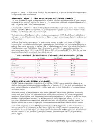PRESIDENTIAL INITIATIVE TO END HUNGER IN AFRICA (IEHA) 33
program as a whole. The draft reports should, if they are not already, be given to the field missions concerned
for input, corrections and validation.
ASSESSMENT OF OUTCOMES AND RETURNS TO USAID INVESTMENT
The most recent OPIN report shows that missions in general exceeded their targets (often by quite a margin)
for almost all the categories reported on. A total of 1.165 million rural households have benefited from IEHA
in FY 05 (January 2006 OPIN cumulative report).
Categories where performance fell short of targets included “number of agriculture-related firms benefiting
directly” where USAID/W fell very short, and “number of technologies made available for transfer” where
both field and Washington fell very short of targets.
There was no consolidated report on level of achievements against the IEHA Results Framework indicators
and targets, so it is difficult to state the direction or degree of impact on incomes, productivity, marketing and
policy activities.
In Kenya, there has been some attempt by implementing partners to track a rough return to USAID
investment on a yearly basis, and while this is a rough estimate, the results are very encouraging. The projects
calculate the return to investment by tracking value of sales from increased productivity and dividing by direct
USAID program costs. Table 8 below shows the returns for several IEHA-supported commodities. For
dairy, returns were almost $30 for every USAID dollar in 2005 and increased to $37.55 in 2006. But one issue
remains to be resolved is how to scale the work up and out.
Table 8. Returns to USAID investment of Selected Kenyan Commodities (in $US)
Commodity Year 2 (2004) Year 3 (2005) Year 4 (2006)
Avocado $1.11 $2.83 $1.85
Mango $0.90 $3.56 $8.74
Passion Fruit $0.26 $6.41 $10.58
Combined Horticulture n/a n/a $11.08
Fish $6.87 $16.19 $62.51
Maize $9.56 $14.10 $24.85
Dairy $29.46 $37.55
Source: KBDS, KMDP, KDDP and KHDP projects in Kenya
SCALING UP AND REGIONAL SPILL-OVERS
CAADP presents opportunities for scaling up IEHA. If the CAADP process takes off, it will provide a
platform for substantive donor coordination and pooling of resources. IEHA was never intended to carry the
entire burden of funding to achieve MDG 1, and the weak point so far is the low level of leveraging funding
from other sources.
Most of the country IEHA programs are using similar approaches for increasing agricultural productivity
among small, poor farmers. The approaches all use smallholder organizations and their service providers
throughout the value chain, from inputs supply to marketing and processing of outputs, to achieve the overall
objective of increasing rural incomes. The IEHA approach is setting in place the building blocks for
agricultural transformation that will be the basis of country level and regional level economic growth. The
question remains how to scale these program level successes up to those levels in a cost effective manner.
There is little integration of most IEHA programs into Sector Wide Approaches or other mechanisms for
donor collaboration or joint funding. Neither does it appear that host governments have taken IEHA on
board, which would broaden impact and help governments to internalize IEHA’s approaches. Mozambique is
the clear exception to this, with IEHA’s integration into the government’s PROAGRI program that all
donors support.
 
