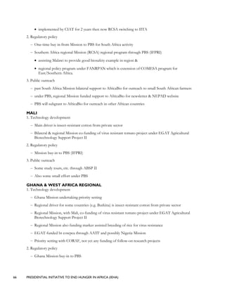 66 PRESIDENTIAL INITIATIVE TO END HUNGER IN AFRICA (IEHA)
• implemented by CIAT for 2 years then now RCSA switching to IITA
2. Regulatory policy
– One-time buy in from Mission to PBS for South Africa activity
– Southern Africa regional Mission (RCSA) regional program through PBS (IFPRI)
• assisting Malawi to provide good biosafety example in region &
• regional policy program under FANRPAN which is extension of COMESA program for
East/Southern Africa.
3. Public outreach
– past South Africa Mission bilateral support to AfricaBio for outreach to small South African farmers
– under PBS, regional Mission funded support to AfricaBio for newsletter & NEPAD website
– PBS will subgrant to AfricaBio for outreach in other African countries
MALI
1. Technology development
– Main driver is insect-resistant cotton from private sector
– Bilateral & regional Mission co-funding of virus resistant tomato project under EGAT Agricultural
Biotechnology Support Project II
2. Regulatory policy
– Mission buy-in to PBS (IFPRI)
3. Public outreach
– Some study tours, etc. through ABSP II
– Also some small effort under PBS
GHANA & WEST AFRICA REGIONAL
1. Technology development
– Ghana Mission undertaking priority setting
– Regional driver for some countries (e.g. Burkina) is insect-resistant cotton from private sector
– Regional Mission, with Mali, co-funding of virus resistant tomato project under EGAT Agricultural
Biotechnology Support Project II
– Regional Mission also funding marker assisted breeding of rice for virus resistance
– EGAT-funded bt cowpea through AATF and possibly Nigeria Mission
– Priority setting with CORAF, not yet any funding of follow-on research projects
2. Regulatory policy
– Ghana Mission buy-in to PBS
 