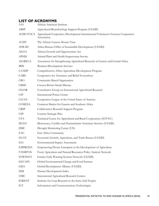 PRESIDENTIAL INITIATIVE TO END HUNGER IN AFRICA (IEHA) 37
LIST OF ACRONYMS
AAI African American Institute
ABSP Agricultural Biotechnology Support Program (USAID)
ACDI/VOCA Agricultural Cooperative Development International/Volunteers Overseas Cooperative
Association
ACMV The African Cassava Mosaic Virus
AFR-SD Africa Bureau/Office of Sustainable Development (USAID)
AGOA African Growth and Opportunities Act
APHIS Animal Plant and Health Inspectorate Service
ASARECA Association for Strengthening Agricultural Research in Eastern and Central Africa
BDS Business Development Services
CAADP Comprehensive Africa Agriculture Development Program
CARE Cooperative for Assistance and Relief Everywhere
CBO Community Based Organization
CBSD Cassava Brown Streak Disease
CGIAR Consultative Group on International Agricultural Research
CIP International Potato Center
CLUSA Cooperative League of the United States of America
COMESA Common Market for Eastern and Southern Africa
CRSP Collaborative Research Support Program
CSP Country Strategic Plan
CTA Technical Centre for Agricultural and Rural Cooperation (ACP-EU)
DCHA Democracy, Conflict and Humanitarian Assistance Services (USAID)
DMC Drought Monitoring Center (UN)
EAC East Africa Community
EGAT Economic Growth, Agriculture, and Trade Bureau (USAID)
EIA Environmental Impact Assessment
EMPREDA Empowering Private Enterprise in the Development of Agriculture
FANRPAN Food, Agriculture and Natural Resources Policy Analysis Network
FEWSNET Famine Early Warning Systems Network (USAID)
GECAFS Global Environmental Change and Food Systems
GDA Global Development Alliance (USAID)
HDI Human Development Index
IARC International Agricultural Research Centers
ICRISAT Institute for Crop Research in the Semi-Arid Tropics
ICT Information and Communications Technologies
 