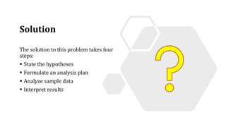 Solution
The solution to this problem takes four
steps:
 State the hypotheses
 Formulate an analysis plan
 Analyze sample data
 Interpret results
 