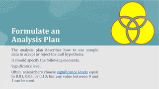 Formulate an
Analysis Plan
The analysis plan describes how to use sample
data to accept or reject the null hypothesis.
It should specify the following elements.
Significance level.
Often, researchers choose significance levels equal
to 0.01, 0.05, or 0.10; but any value between 0 and
1 can be used.
 
