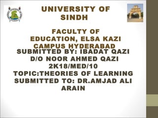 UNIVERSITY OF
SINDH
FACULTY OF
EDUCATION, ELSA KAZI
CAMPUS HYDERABAD
SUBMITTED BY: IBADAT QAZI
D/O NOOR AHMED QAZI
2K18/MED/10
TOPIC:THEORIES OF LEARNING
SUBMITTED TO: DR.AMJAD ALI
ARAIN
 