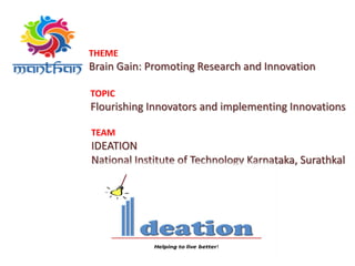 THEME
Brain Gain: Promoting Research and Innovation
TOPIC
Flourishing Innovators and implementing Innovations
TEAM
IDEATION
National Institute of Technology Karnataka, Surathkal
 