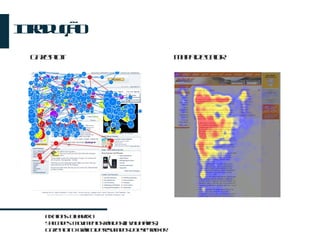 Introdução Gaze plot Mapa de calor Fixations: Olhar fixo Saccades: Movimentos rápidos (involuntários) Gaze plot: O gráfico de resultados do eye-tracker 