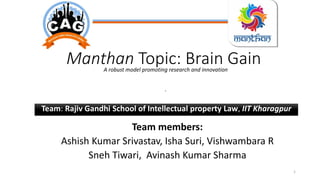 A robust model promoting research and innovation
.
Manthan Topic: Brain Gain
1
Team: Rajiv Gandhi School of Intellectual property Law, IIT Kharagpur
Team members:
Ashish Kumar Srivastav, Isha Suri, Vishwambara R
Sneh Tiwari, Avinash Kumar Sharma
 