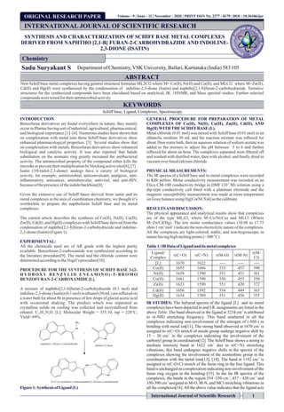 ORIGINAL RESEARCH PAPER
SYNTHESIS AND CHARACTERIZATION OF SCHIFF BASE METAL COMPLEXES
DERIVED FROM NAPHTHO [2,1-B] FURAN-2-CARBOHYDRAZIDE AND INDOLINE-
2,3-DIONE (ISATIN)
Sadu Suryakant S Departmentof Chemistry,VSK University,Ballari,Karnataka(India)583105
INTRODUCTION
Benzofuran derivatives are found everywhere in nature, they mainly
occur in Plantae having sort of industrial, agricultural, pharmaceutical,
and biological importance.[1]–[4]. Numerous studies have shown that
on complexation with metal ions these Schiff base derivatives show
enhanced pharmacological properties. [5] Several studies show that
on complexation with metals, Benzofuran derivatives show enhanced
biological and catalytic activity. It was also reported that halide
substitution on the aromatic ring greatly increased the antibacterial
activity. The antimicrobial property of the compound either kills the
microbeorpreventtheirmultiplicationbyblockingactivesites[6],[7]
Isatin (1H-indol-2,3-dione) analogs have a variety of biological
activity, for example, antimicrobial, anticonvulsant, analgesic, anti-
inammatory, anticancer, antitubercular, antiviral, and anti-HIV,
becauseofthepresenceof theindolebackbone[8].
Given the extensive use of Schiff bases derived from isatin and its
metal complexes in the area of coordination chemistry, we thought it’s
worthwhile to prepare the napthofuran Schiff base and its metal
complexes.
The current article describes the synthesis of Co(II), Ni(II), Cu(II),
Zn(II), Cd(II), and Hg(II) complexes with Schiff base derived from the
condensation of naphtho[2,1-b]furan-2-carbohydrazide and indoline-
2,3-dione(Isatin)(Figure1).
EXPERIMENTAL:
All the chemicals used are of AR grade with the highest purity
available. Benzofuran-2-carboxamide was synthesized according to
the literature procedure[9]. The metal and the chloride content were
determinedaccordingtotheVogel’s procedure[10].
PROCEDURE FOR THE SYNTHESIS OF SCHIFF BASE 3-(2-
H Y D R O X Y B E N Z Y L I D E N E A M I N O ) - 5 - B R O M O
BENZOFURAN-2-CARBOXAMIDE [L].
A mixture of naphtho[2,1-b]furan-2-carbohydrazide (0.1 mol) and
indoline-2,3-dione (Isatin) (0.1 mol) in ethanol (30 mL) are reuxed on
a water bath for about 8h in presence of few drops of glacial acetic acid
with occasional shaking. The product which was separated as
crystalline solids on cooling was collected and recrystallized from
ethanol. C H N O [L]: Molecular Weight = 355.10, mp = 228°C,
21 13 3 3
Yield=69%.
Figure1:Synthesis ofLigand (L)
GENERAL PROCEDURE FOR PREPARATION OF METAL
COMPLEXES OF Co(II), Ni(II), Cu(II), Zn(II), Cd(II), AND
Hg(II)WITHTHESCHIFFBASE (L).
Metal chloride (0.01 mol) was mixed with Schiff base (0.01 mol) in an
ethanolic medium 30 mL and the reaction mixture was reuxed for
about 3hon water bath, then an aqueous solution of sodium acetate was
added to the mixture to adjust the pH between 5 to 6 and further
reuxed for about an hour. The complexes separated were ltered off
and washed with distilled water, then with alcohol, and nally dried in
vacuumoverfusedcalciumchloride.
PHYSICALMEASUREMENTS:
The IR spectra of a Schiff base and its metal complexes were recorded
in KBr pellets. Molar conductivity measurement was recorded on an
-3
Elico CM-180 conductivity bridge in DMF (10 M) solution using a
dip-type conductivity cell tted with a platinum electrode and the
magnetic susceptibility measurement was made at room temperature
on Gouy balanceusingHg[Co(NCS)4] as thecalibrant.
RESULTSAND DISCUSSION:
The physical appearance and analytical results show that complexes
are of the type ML Cl where M=Co/Ni/Cu) and MLCl (Where
2 2
M=Zn/Cd/Hg). The low molar conductance values (10.08 to 17.75
2 -1
ohm-1 cm mol ) indicate the non-electrolytic nature of the complexes.
All the complexes are light-colored, stable, and non-hygroscopic in
naturehavinghighmeltingpoints(>300°C).
Table1: IR Data ofLigand and its metalcomplexes
IR STUDIES: The Infrared spectra of the ligand [L] and its metal
complexes have been depicted in and I.R. assignments are listed in the
-1
above Table. The band observed in the ligand at 3234 cm is attributed
to ν(-NH) stretching frequency. This band unaltered in all the
complexes indicating non-involvement of the nitrogen of (-NH-) in
-1
bonding with metal ion[11]. The strong band observed at 1670 cm is
assigned to ν(C=O) stretch of amide group undergo negative shift by
-1
15 – 30 cm in the complexes indicating the involvement of the
carbonyl group in coordination[12]. The Schiff base shows a strong to
-1
medium intensity band at 1622 cm due to ν(C=N) stretching
vibrations, this band undergoes negative shifts in the spectra of the
complexes showing the involvement of the azomethine group in the
-1
coordination with the metal ions[13], [14]. The band at 1192 cm is
assigned to ν(C-O-C) stretch of the furan ring in the free ligand. This
band is unchanged on complexation indicating non-involvement of the
furan ring oxygen in the bonding–[15]. In the far IR spectra of the
-1 -1,
complexes, the bands in the region 554 -550 cm , 457 - 420 cm and
-1
350-390 cm assigned to M-O, M-N, and MCl stretching vibrations in
all the complexes[16].All the above value indicates that the ligand acts
INTERNATIONAL JOURNAL OF SCIENTIFIC RESEARCH
Chemistry
International Journal of Scientiﬁc Research 1
Volume - 9 | Issue - 11 | November - 2020 | PRINT ISSN No. 2277 - 8179 | DOI : 10.36106/ijsr
ABSTRACT
New Schiff base metal complexes having general structural formulae ML2Cl2 where M= Co(II), Ni(II) and Cu(II), and MLCl2 where M=Zn(II),
Cd(II) and Hg(II) were synthesized by the condensation of indoline-2,3-dione (Isatin) and naphtho[2,1-b]furan-2-carbohydrazide. Tentative
structures for the synthesized compounds have been elucidated based on analytical, IR, 1HNMR, and Mass spectral studies. Further selected
compoundsweretestedfortheirantimicrobialactivity.
KEYWORDS
Schiff base, Ligand, Complexes, Spectroscopy.
Ligand/
Complex
ν(C=O) ν(C=N) ν(M-O) ν(M-N)
ν(M-
Cl)
[L] 1670 1622 ---- ---- ----
Co(II) 1655 1686 553 457 390
Ni(II) 1658 1590 551 451 361
Co(II) 1661 1590 550 455 350
Zi(II) 1623 1590 551 420 372
Cd(II) 1656 1592 554 449 365
Hg(II) 1654 1589 551 456 355
O
O
HN N
NH
O
(Z)-N'-(2-oxoindolin-3-ylidene)naphtho[2,1-b]furan-2-carbohydrazide
O
O
NH O
NH
O
naphtho[2,1-b]f uran-2-carbohydrazide
indoline-2,3-dione
NH2
+
 
