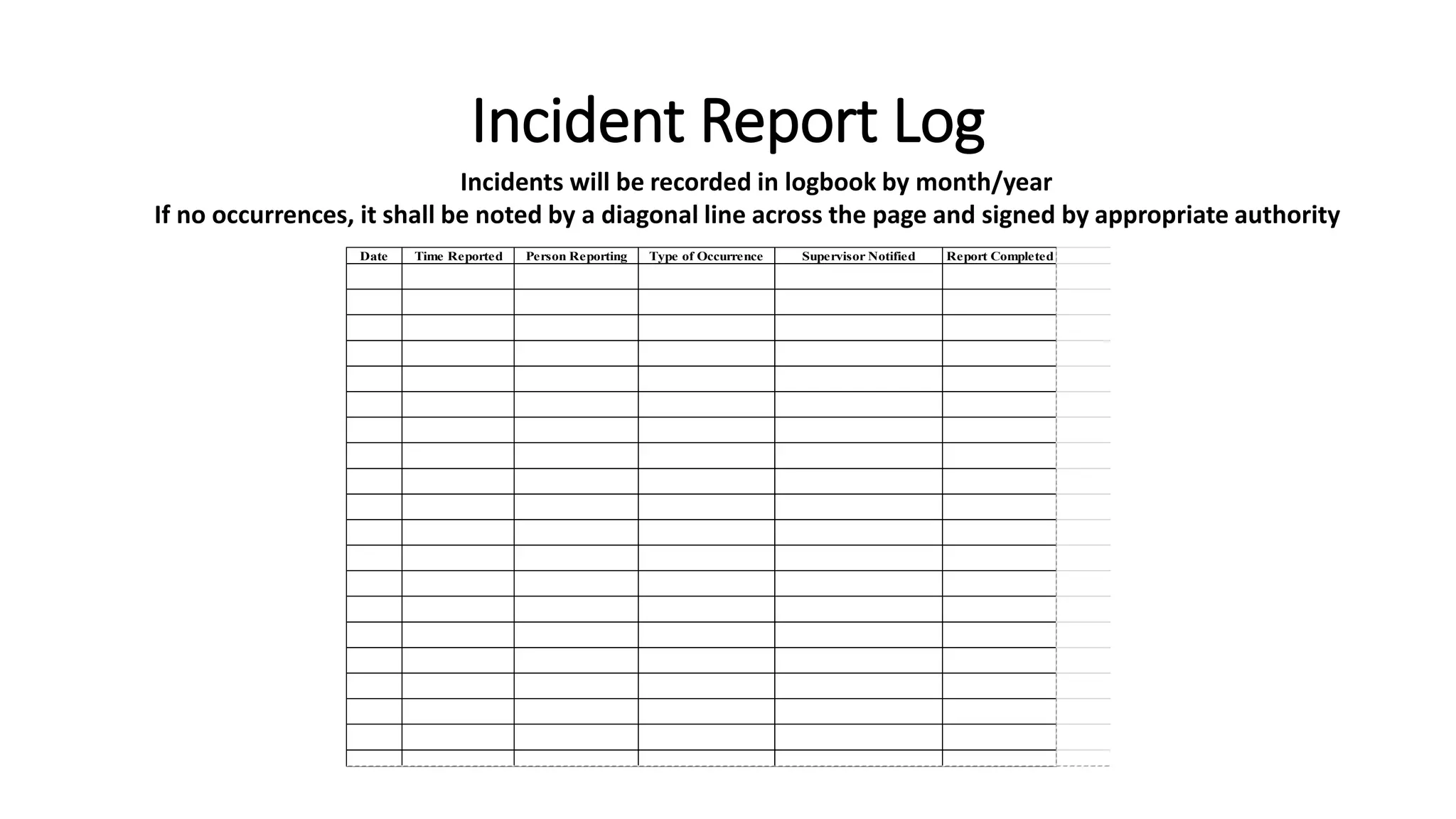 Incident Report Log
Date Time Reported Person Reporting Type of Occurrence Supervisor Notified Report Completed
Incidents will be recorded in logbook by month/year
If no occurrences, it shall be noted by a diagonal line across the page and signed by appropriate authority
 