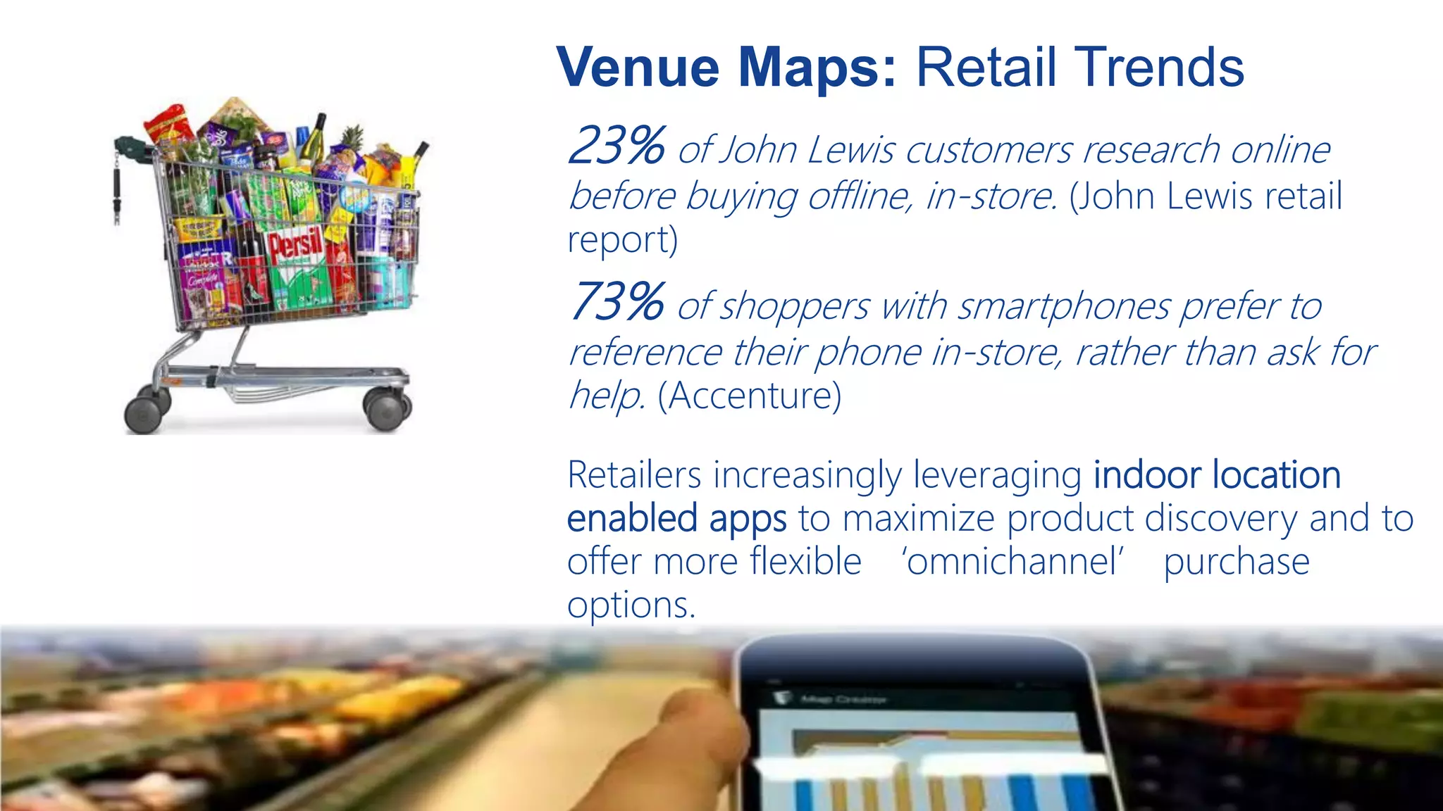 Venue Maps: Retail Trends
23% of John Lewis customers research online
before buying offline, in-store. (John Lewis retail
report)
73% of shoppers with smartphones prefer to
reference their phone in-store, rather than ask for
help. (Accenture)
Retailers increasingly leveraging indoor location
enabled apps to maximize product discovery and to
offer more flexible ‘omnichannel’ purchase
options.
 