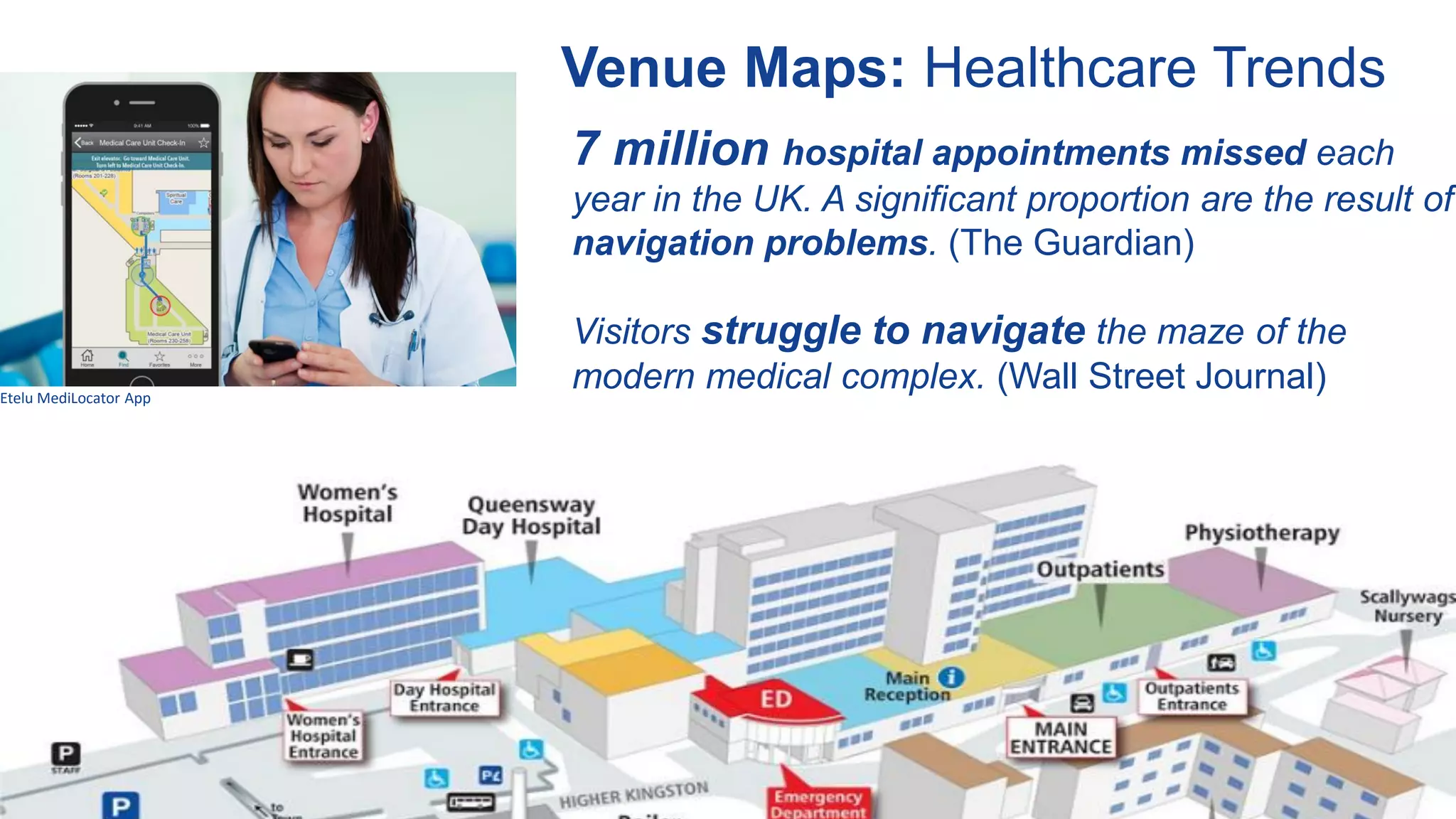 Venue Maps: Healthcare Trends
© 2015 HERE | Venue Maps
7 million hospital appointments missed each
year in the UK. A significant proportion are the result of
navigation problems. (The Guardian)
Visitors struggle to navigate the maze of the
modern medical complex. (Wall Street Journal)Etelu MediLocator App
 