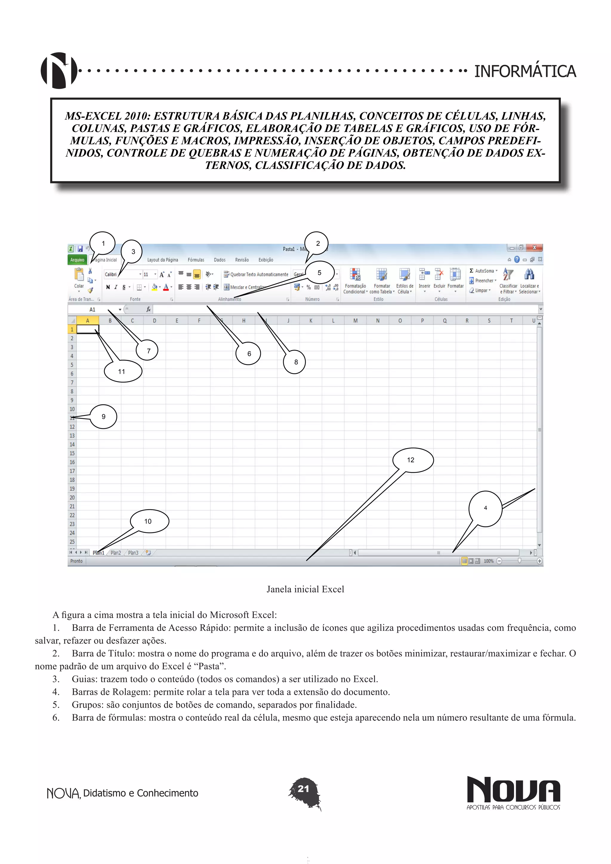 Didatismo e Conhecimento 21
INFORMÁTICA
MS-EXCEL 2010: ESTRUTURA BÁSICA DAS PLANILHAS, CONCEITOS DE CÉLULAS, LINHAS,
COLUNAS, PASTAS E GRÁFICOS, ELABORAÇÃO DE TABELAS E GRÁFICOS, USO DE FÓR-
MULAS, FUNÇÕES E MACROS, IMPRESSÃO, INSERÇÃO DE OBJETOS, CAMPOS PREDEFI-
NIDOS, CONTROLE DE QUEBRAS E NUMERAÇÃO DE PÁGINAS, OBTENÇÃO DE DADOS EX-
TERNOS, CLASSIFICAÇÃO DE DADOS.
1 2
3
4
5
67
8
9
10
11
12
Janela inicial Excel
A figura a cima mostra a tela inicial do Microsoft Excel:
1.	 Barra de Ferramenta de Acesso Rápido: permite a inclusão de ícones que agiliza procedimentos usadas com frequência, como
salvar, refazer ou desfazer ações.
2.	 Barra de Título: mostra o nome do programa e do arquivo, além de trazer os botões minimizar, restaurar/maximizar e fechar. O
nome padrão de um arquivo do Excel é “Pasta”.
3.	 Guias: trazem todo o conteúdo (todos os comandos) a ser utilizado no Excel.
4.	 Barras de Rolagem: permite rolar a tela para ver toda a extensão do documento.
5.	 Grupos: são conjuntos de botões de comando, separados por finalidade.
6.	 Barra de fórmulas: mostra o conteúdo real da célula, mesmo que esteja aparecendo nela um número resultante de uma fórmula.
 