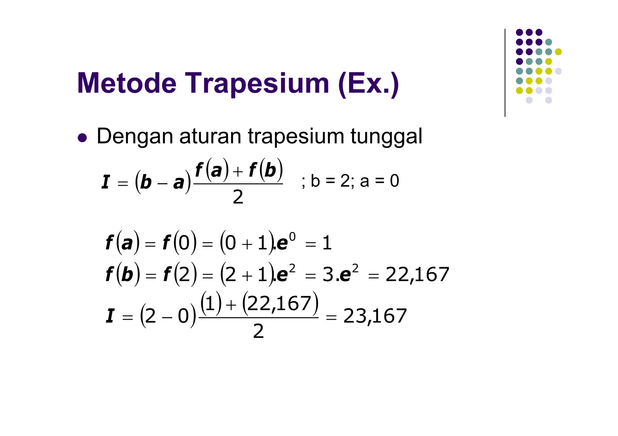 Metode Trapesium (Ex.)
 Dengan aturan trapesium tunggal
     
2
b
f
a
f
a
b
I


 ; b = 2; a = 0
     
     
     167
,
23
2
167
,
22
1
0
2
167
,
22
.
3
.
1
2
2
1
.
1
0
0
2
2
0













I
e
e
f
b
f
e
f
a
f
 