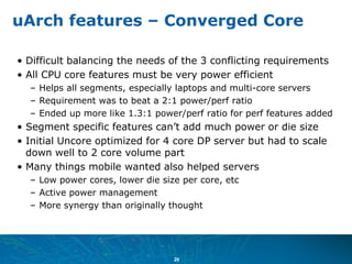 uArch features – Converged Core

• Difficult balancing the needs of the 3 conflicting requirements
• All CPU core features...