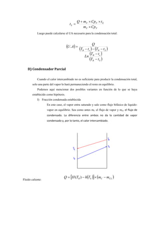 FF
EFF
S
Cpm
tCpmQ
t
×
××+
=
Luego puede calcularse el UA necesario para la condensación total:
( ) ( ) ( )
( )
( )SR
eB
SReB
tT
tT
Ln
tTtT
Q
AU
−
−
−−−
=.
D) Condensador Parcial
Cuando el calor intercambiado no es suficiente para producir la condensación total,
solo una parte del vapor lo hará permaneciendo el resto en equilibrio.
Podemos aquí mencionar dos posibles variantes en función de lo que se haya
establecido como hipótesis.
I) Fracción condensada establecida
En este caso, el vapor entra saturado y sale como flujo bifásico de liquido-
vapor en equilibrio. Sea como antes mC el flujo de vapor y mcL el flujo de
condensado. La diferencia entre ambos no da la cantidad de vapor
condensado y, por lo tanto, el calor intercambiado.
Fluido caliente:
( )[ ] ( )CLCSR mmThTHQ −×−= )(
 