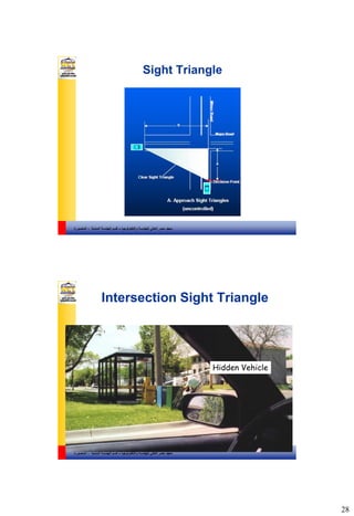 28
‫والتكنولوجيا‬ ‫للهندسة‬ ‫العالي‬ ‫مصر‬ ‫معهد‬–‫المدنية‬ ‫الهندسة‬ ‫قسم‬-‫المنصورة‬
Sight Triangle
‫والتكنولوجيا‬ ‫للهندسة‬ ‫العالي‬ ‫مصر‬ ‫معهد‬–‫المدنية‬ ‫الهندسة‬ ‫قسم‬-‫المنصورة‬
Intersection Sight Triangle
Hidden Vehicle
 