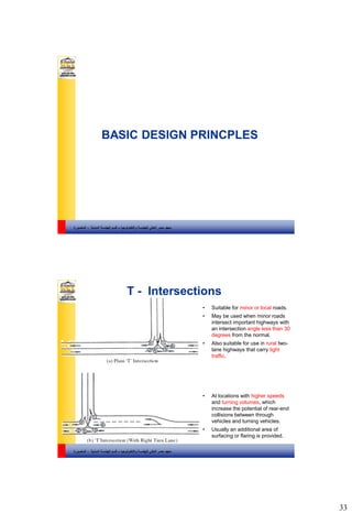33
‫والتكنولوجيا‬ ‫للهندسة‬ ‫العالي‬ ‫مصر‬ ‫معهد‬–‫المدنية‬ ‫الهندسة‬ ‫قسم‬-‫المنصورة‬
BASIC DESIGN PRINCPLES
‫والتكنولوجيا‬ ‫للهندسة‬ ‫العالي‬ ‫مصر‬ ‫معهد‬–‫المدنية‬ ‫الهندسة‬ ‫قسم‬-‫المنصورة‬
T - Intersections
• Suitable for minor or local roads.
• May be used when minor roads
intersect important highways with
an intersection angle less than 30
degrees from the normal.
• Also suitable for use in rural two-
lane highways that carry light
traffic.
• At locations with higher speeds
and turning volumes, which
increase the potential of rear-end
collisions between through
vehicles and turning vehicles.
• Usually an additional area of
surfacing or flaring is provided.
 