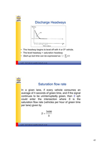 45
‫والتكنولوجيا‬ ‫للهندسة‬ ‫العالي‬ ‫مصر‬ ‫معهد‬–‫المدنية‬ ‫الهندسة‬ ‫قسم‬-‫المنصورة‬
Discharge Headways
• The headway begins to level off with 4 or 5th vehicle.
• The level headway = saturation headway
• Start-up lost time can be expressed as: 1 ( )l e i 
‫والتكنولوجيا‬ ‫للهندسة‬ ‫العالي‬ ‫مصر‬ ‫معهد‬–‫المدنية‬ ‫الهندسة‬ ‫قسم‬-‫المنصورة‬
Saturation flow rate
In a given lane, if every vehicle consumes an
average of h seconds of green time, and if the signal
continues to be uninterruptedly green, then S vph
could enter the intersection where S is the
saturation flow rate (vehicles per hour of green time
per lane) given by
3600
S
h

 