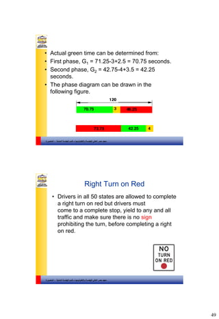 49
‫والتكنولوجيا‬ ‫للهندسة‬ ‫العالي‬ ‫مصر‬ ‫معهد‬–‫المدنية‬ ‫الهندسة‬ ‫قسم‬-‫المنصورة‬
• Actual green time can be determined from:
• First phase, G1 = 71.25-3+2.5 = 70.75 seconds.
• Second phase, G2 = 42.75-4+3.5 = 42.25
seconds.
• The phase diagram can be drawn in the
following figure.
‫والتكنولوجيا‬ ‫للهندسة‬ ‫العالي‬ ‫مصر‬ ‫معهد‬–‫المدنية‬ ‫الهندسة‬ ‫قسم‬-‫المنصورة‬
Right Turn on Red
• Drivers in all 50 states are allowed to complete
a right turn on red but drivers must
come to a complete stop, yield to any and all
traffic and make sure there is no sign
prohibiting the turn, before completing a right
on red.
 