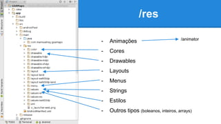/res
- Animações
- Cores
- Drawables
- Layouts
- Menus
- Strings
- Estilos
- Outros tipos (boleanos, inteiros, arrays)
/animator
 