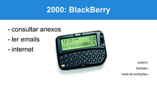 2000: BlackBerry
- consultar anexos
- ler emails
- internet
próprio -
fechado -
nada de evoluções -
 