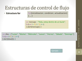 Estructuras de control de flujo
• Estructura for
12/05/2014Ing.HectorEstigarribia-FCTUnc@
30
for(inicializacion; condicion; actualizacion)
{ ... }
var mensaje = "Hola, estoy dentro de un bucle";
for(var i = 0; i < 5; i++)
{ alert(mensaje); }
var dias = ["Lunes", "Martes", "Miércoles", "Jueves", "Viernes", "Sábado", "Domingo"];
for(var i=0; i<7; i++)
{ alert(dias[i]); }
Ejemplo
 