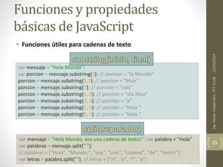 Funciones y propiedades
básicas de JavaScript
• Funciones útiles para cadenas de texto
12/05/2014Ing.HectorEstigarribia-FCTUnc@
35
var mensaje = "Hola Mundo";
var porcion = mensaje.substring(2); // porcion = "la Mundo"
porcion = mensaje.substring(5,7); // porcion = "Mun"
porcion = mensaje.substring(7); // porcion = "ndo“
porcion = mensaje.substring(1, 8); // porcion = "ola Mun"
porcion = mensaje.substring(3, 4); // porcion = "a“
porcion = mensaje.substring(5, 0); // porcion = "Hola "
porcion = mensaje.substring(0, 5); // porcion = "Hola "
var mensaje = "Hola Mundo, soy una cadena de texto!"; var palabra = “Hola”
var palabras = mensaje.split(" ");
// palabras = ["Hola", "Mundo,", "soy", "una", "cadena", "de", "texto!"];
var letras = palabra.split(""); // letras = ["H", "o", "l", "a"]
 