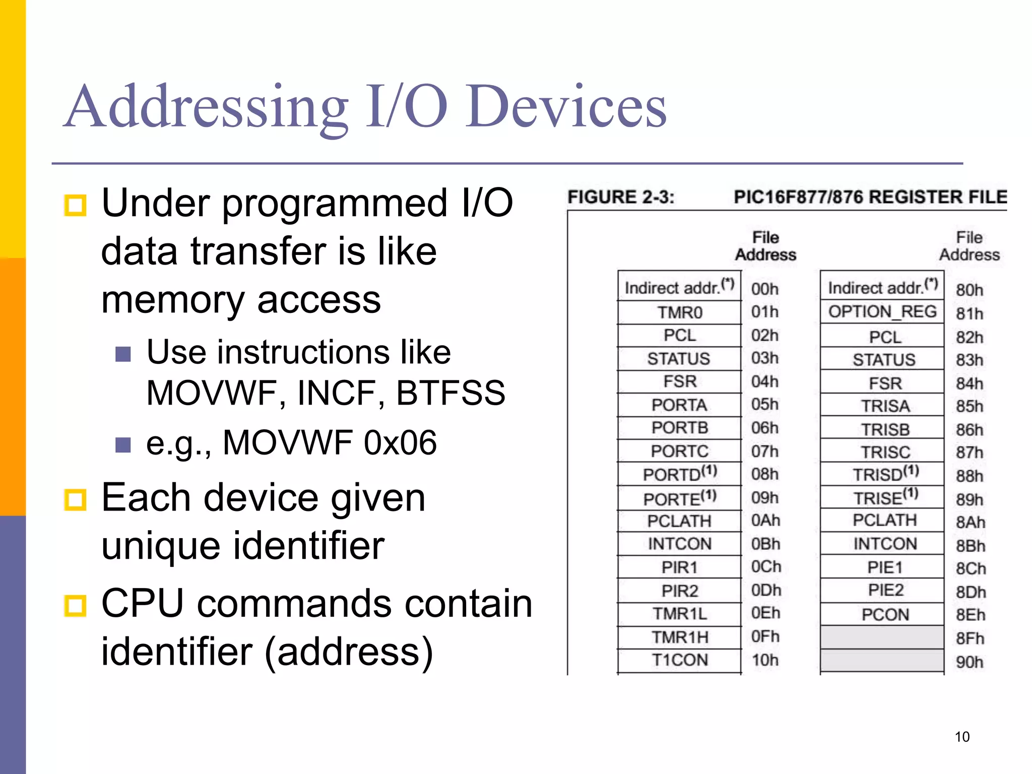 Addressing I/O Devices
 Under programmed I/O
data transfer is like
memory access
 Use instructions like
MOVWF, INCF, BTFSS
 e.g., MOVWF 0x06
 Each device given
unique identifier
 CPU commands contain
identifier (address)
10
 