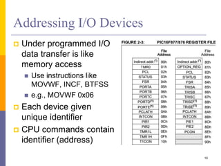 Addressing I/O Devices
 Under programmed I/O
data transfer is like
memory access
 Use instructions like
MOVWF, INCF, BTFSS
 e.g., MOVWF 0x06
 Each device given
unique identifier
 CPU commands contain
identifier (address)
10
 