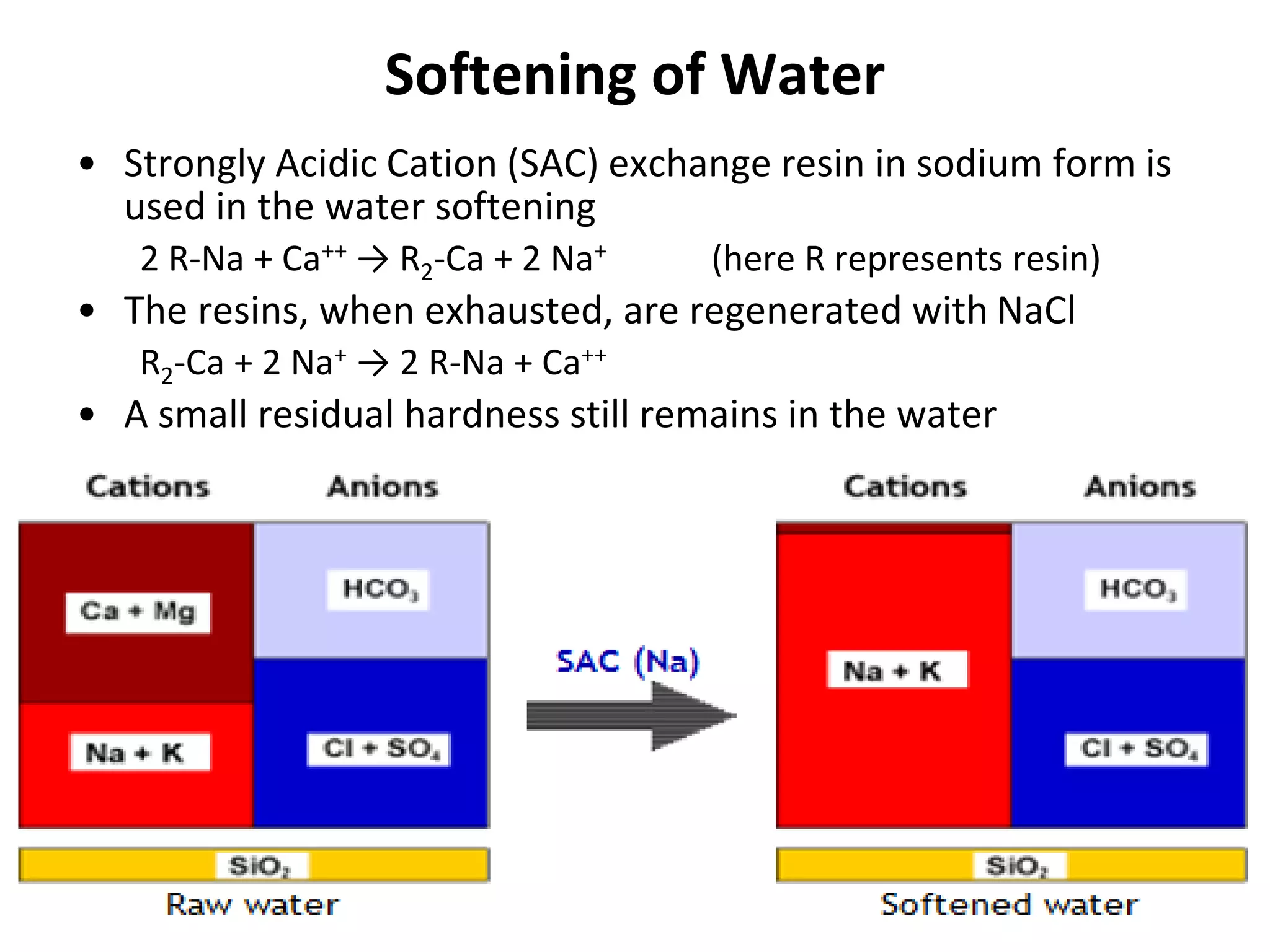 Softening of Water
• Strongly Acidic Cation (SAC) exchange resin in sodium form is
used in the water softening
2 R-Na + Ca++ → R2-Ca + 2 Na+ (here R represents resin)
• The resins, when exhausted, are regenerated with NaCl
R2-Ca + 2 Na+ → 2 R-Na + Ca++
• A small residual hardness still remains in the water
 
