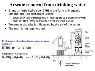 Arsenic removal from drinking water
• Granular ferric hydroxide (GFH) in the form of inorganic
(amphoteric) ion exchanger is used
– SOLMETEX ion exchange resin (macroporous polystyrene with
incorporated ferric hydroxide nanoparticles) is used
• Treatment capacity is influenced by the pH of the water
• The resin is not regenerated
 