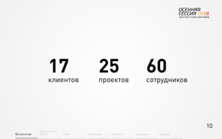 10
Об агентстве
Привлечение
людей Найм Интеграция АкадемияОбучение Будущее
17
клиентов
25
проектов
60
сотрудников
 