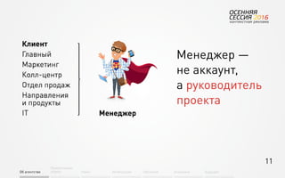 11
Об агентстве
Привлечение
людей Найм Интеграция АкадемияОбучение Будущее
Менеджер —
не аккаунт,
а руководитель
проекта
 