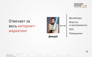 12
Об агентстве
Привлечение
людей Найм Интеграция АкадемияОбучение Будущее
Дизайнеры
Верстка
и программисты
SEO
Помощники
Отвечает за
весь интернет-
маркетинг
 