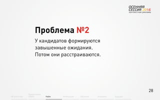 28
Об агентстве
Привлечение
людей Найм Интеграция АкадемияОбучение Будущее
Проблема №2
У кандидатов формируются
завышенные ожидания.
Потом они расстраиваются.
 