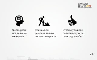 43
Об агентстве
Привлечение
людей Найм Интеграция АкадемияОбучение Будущее
Формируем
правильные
ожидания
Принимаем
решение только
после стажировки
Откликнувшийся
должен получить
пользу для себя
 