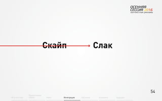 54
Об агентстве
Привлечение
людей Найм Интеграция АкадемияОбучение Будущее
Скайп Слак
 