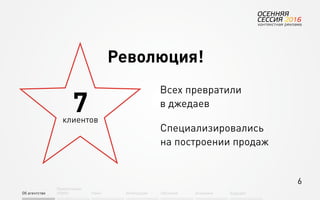 6
Об агентстве
Привлечение
людей Найм Интеграция АкадемияОбучение Будущее
Революция!
7клиентов
Всех превратили
в джедаев
Специализировались
на построении продаж
 