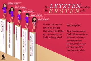 Die LETZTENwerden
die
E R S T E Nsein.
Nur die Gewinnerin
schafft es auf die
Hochglanz-Titelblätter
der internationalen
Fashion-Magazine?
Von wegen!
Diese fünf ehemaligen
GNTM-Teilnehmerinnen
haben sich nicht nur
zu erfolgreichen
Models,sondern auch
zu wahren Show-
Talenten entwickelt.
Moderatorin&Model
Moderatorin&Model
Moderatorin&Model
Moderatorin&Model
Moderatorin&Model
Model,Moderatorin&Schauspielerin
Laufsteg-Model
DOLCE&GABBANA,LOUISVUITTON,DKNY
FHM,TAFF,INALLERFREUNDSCHAFT
Unterwäsche-Model
HARPER'SBAZAAR,ELLE,WOMEN'SHEALTH
Model(&-Coach),Schauspielerin&Fotograﬁn
IKEA,BETTYBARCLAY,DANNILOWINSKI
Nackt-Model,Moderatorin,DJane
PLAYBOY,FHM,VENUS-EROTIKMODEL2012
Rebecca Mir
DRITTE, STAFFEL 4
NEUNTE, STAFFEL 3
DRITTE, STAFFEL 2
VIERTE, STAFFEL 3
ACHTE, STAFFEL 1
Vanessa Hegelmaier
Hana Nitsche
Wanda Badwal
Micaela Schäfer
 