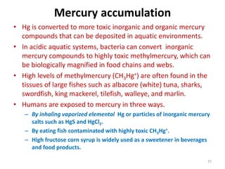 Mercury accumulation
• Hg is converted to more toxic inorganic and organic mercury
compounds that can be deposited in aquatic environments.
• In acidic aquatic systems, bacteria can convert inorganic
mercury compounds to highly toxic methylmercury, which can
be biologically magnified in food chains and webs.
• High levels of methylmercury (CH3Hg+) are often found in the
tissues of large fishes such as albacore (white) tuna, sharks,
swordfish, king mackerel, tilefish, walleye, and marlin.
• Humans are exposed to mercury in three ways.
– By inhaling vaporized elemental Hg or particles of inorganic mercury
salts such as HgS and HgCl2.
– By eating fish contaminated with highly toxic CH3Hg+.
– High fructose corn syrup is widely used as a sweetener in beverages
and food products.
25
 