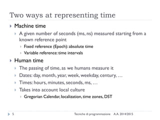 Two ways at representing time
A.A. 2014/2015Tecniche di programmazione5
 Machine time
 A given number of seconds (ms, ns...