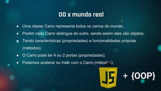 ● Uma classe Carro representa todos os carros do mundo;
● Porém cada Carro distingue do outro, sendo assim eles são objetos;
● Tendo características (propriedades) e funcionalidades próprias
(métodos);
● O Carro pode ter 4 ou 2 portas (propriedades);
● Podemos acelerar ou frear com o Carro (métodos);
OO x mundo real
+ {OOP}
 