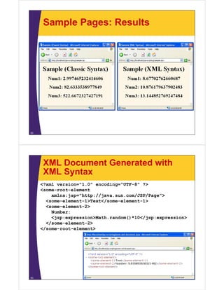 Sample Pages: Results
52
XML Document Generated with
XML Syntax
<?xml version="1.0" encoding="UTF-8" ?>
<some-root-element
xmlns:jsp="http://java.sun.com/JSP/Page">
<some-element-1>Text</some-element-1>
<some-element-2>
Number:
<jsp:expression>Math.random()*10</jsp:expression>
</some-element-2>
</some-root-element>
53
 