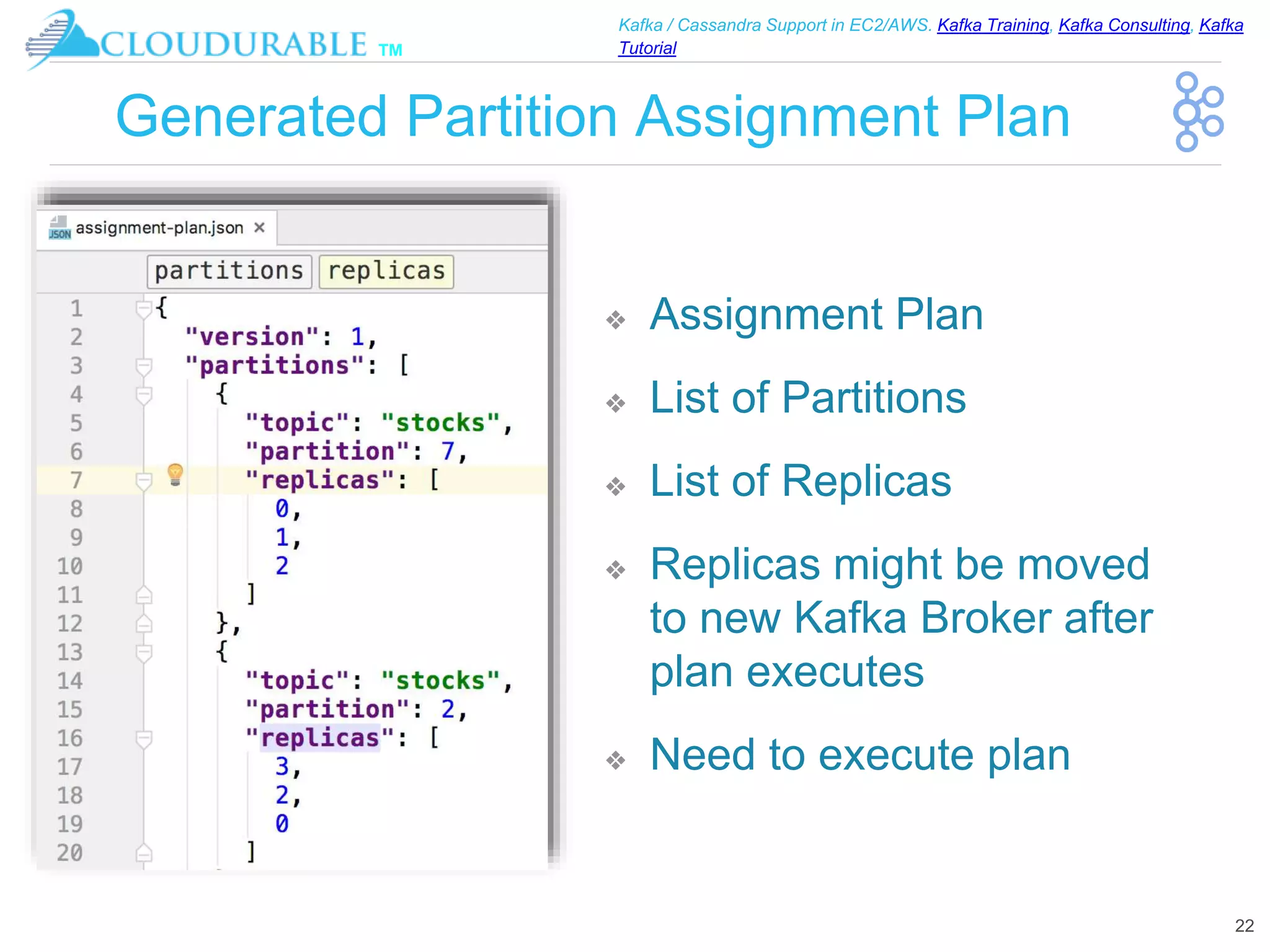™
Kafka / Cassandra Support in EC2/AWS. Kafka Training, Kafka Consulting, Kafka
Tutorial
Generated Partition Assignment Plan
❖ Assignment Plan
❖ List of Partitions
❖ List of Replicas
❖ Replicas might be moved
to new Kafka Broker after
plan executes
❖ Need to execute plan
22
 