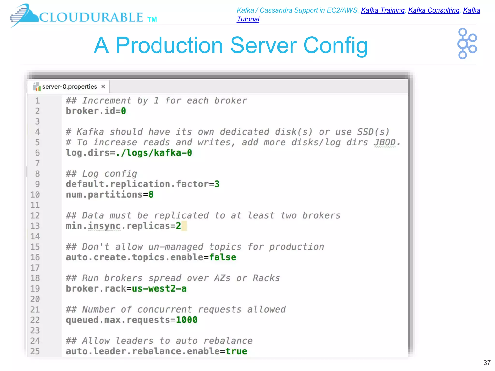 ™
Kafka / Cassandra Support in EC2/AWS. Kafka Training, Kafka Consulting, Kafka
Tutorial
A Production Server Config
37
 