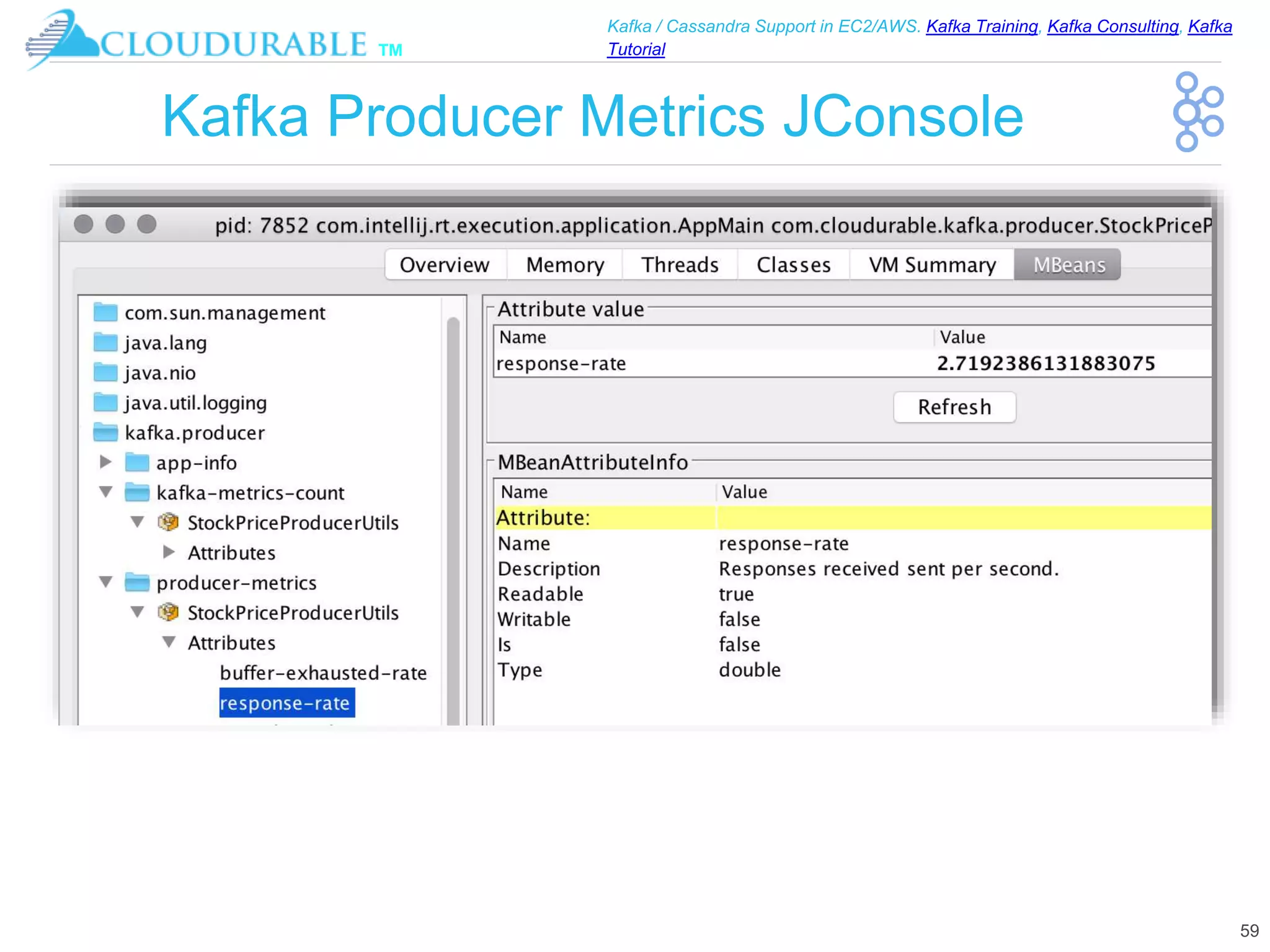 ™
Kafka / Cassandra Support in EC2/AWS. Kafka Training, Kafka Consulting, Kafka
Tutorial
Kafka Producer Metrics JConsole
59
 