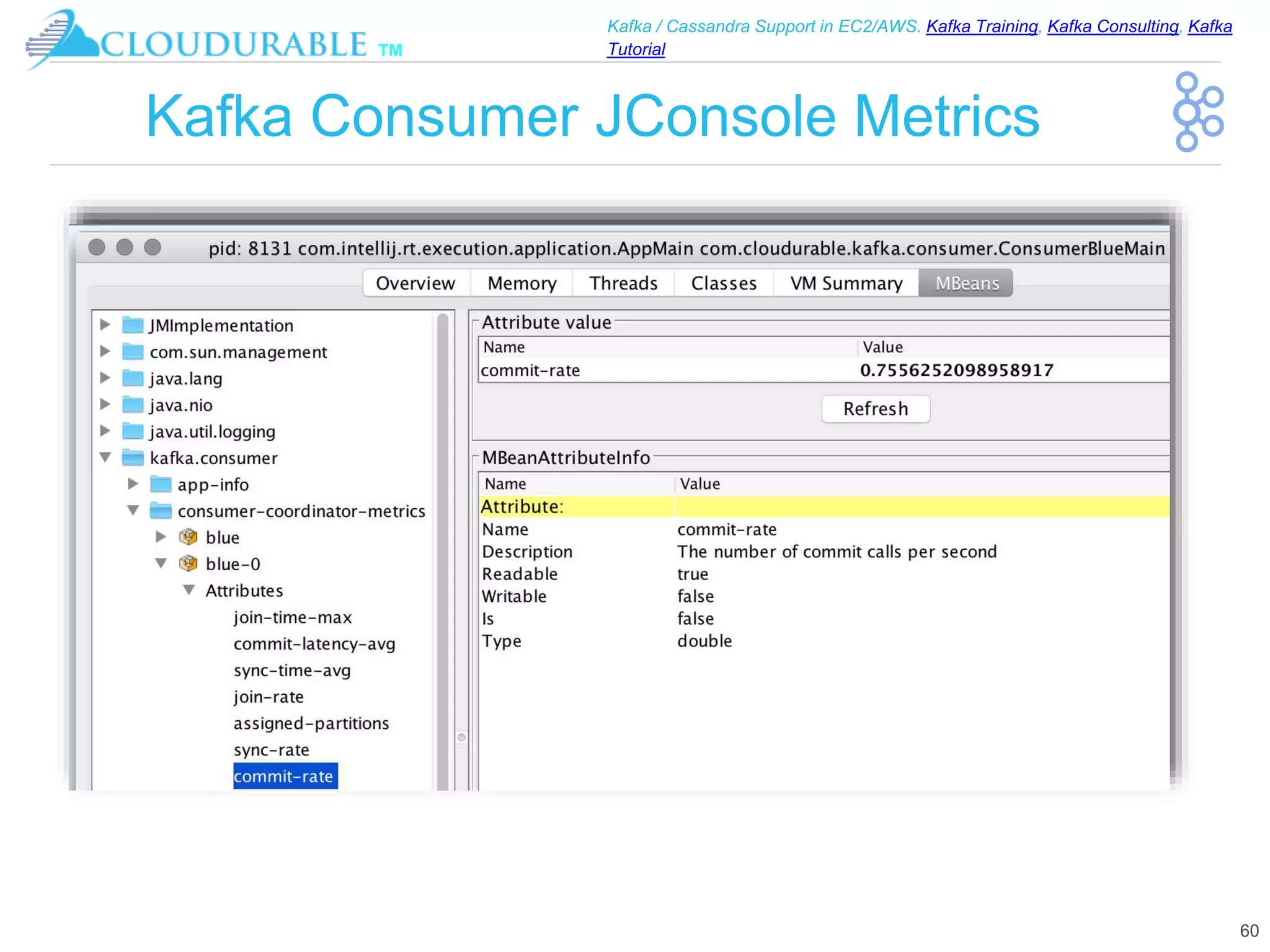 ™
Kafka / Cassandra Support in EC2/AWS. Kafka Training, Kafka Consulting, Kafka
Tutorial
Kafka Consumer JConsole Metrics
60
 