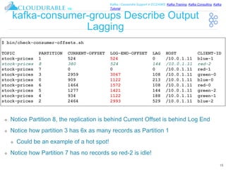 ™
Kafka / Cassandra Support in EC2/AWS. Kafka Training, Kafka Consulting, Kafka
Tutorial
kafka-consumer-groups Describe Output
Lagging
❖ Notice Partition 8, the replication is behind Current Offset is behind Log End
❖ Notice how partition 3 has 6x as many records as Partition 1
❖ Could be an example of a hot spot!
❖ Notice how Partition 7 has no records so red-2 is idle!
15
$ bin/check-consumer-offsets.sh
TOPIC PARTITION CURRENT-OFFSET LOG-END-OFFSET LAG HOST CLIENT-ID
stock-prices 1 524 524 0 /10.0.1.11 blue-1
stock-prices 8 380 524 144 /10.0.1.11 red-2
stock-prices 7 0 0 0 /10.0.1.11 red-1
stock-prices 3 2959 3067 108 /10.0.1.11 green-0
stock-prices 0 909 1122 213 /10.0.1.11 blue-0
stock-prices 6 1464 1572 108 /10.0.1.11 red-0
stock-prices 5 1277 1421 144 /10.0.1.11 green-2
stock-prices 4 934 1122 188 /10.0.1.11 green-1
stock-prices 2 2464 2993 529 /10.0.1.11 blue-2
 