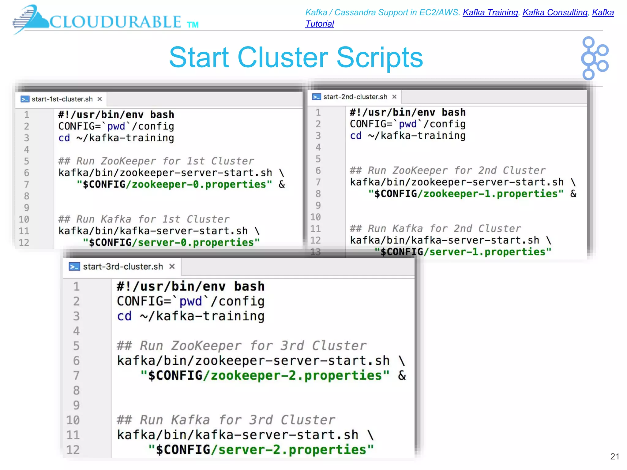 ™
Kafka / Cassandra Support in EC2/AWS. Kafka Training, Kafka Consulting, Kafka
Tutorial
Start Cluster Scripts
21
 
