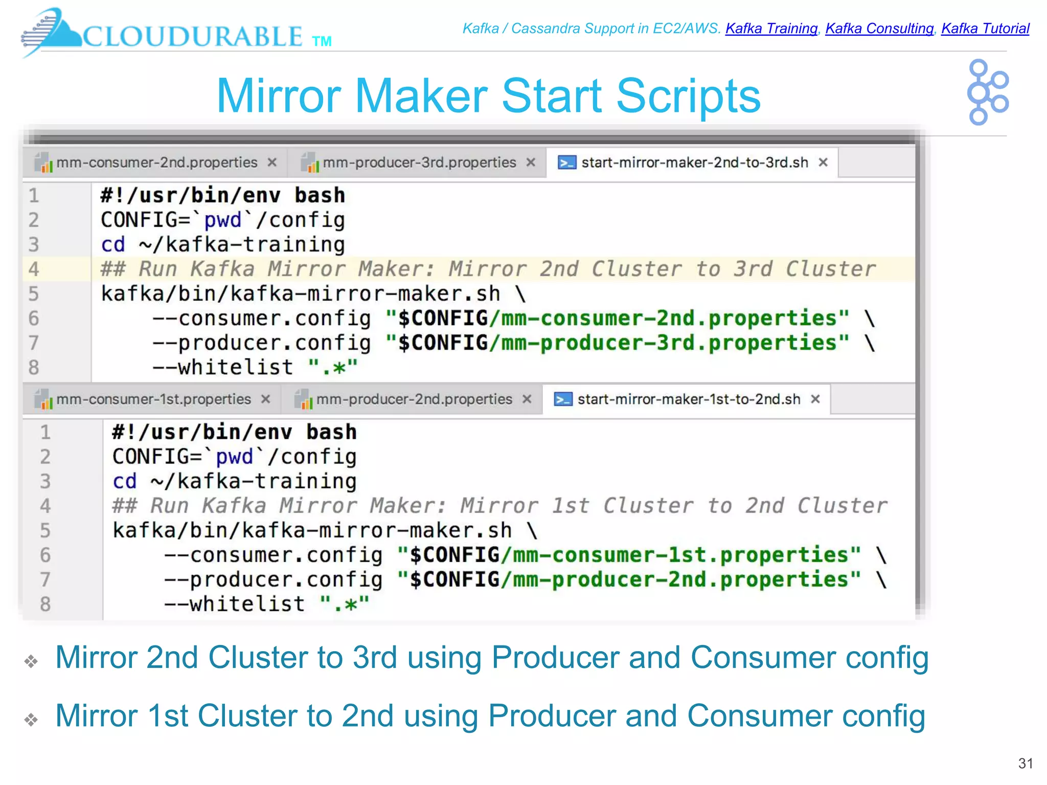 ™
Kafka / Cassandra Support in EC2/AWS. Kafka Training, Kafka Consulting, Kafka Tutorial
Mirror Maker Start Scripts
❖ Mirror 2nd Cluster to 3rd using Producer and Consumer config
❖ Mirror 1st Cluster to 2nd using Producer and Consumer config
31
 